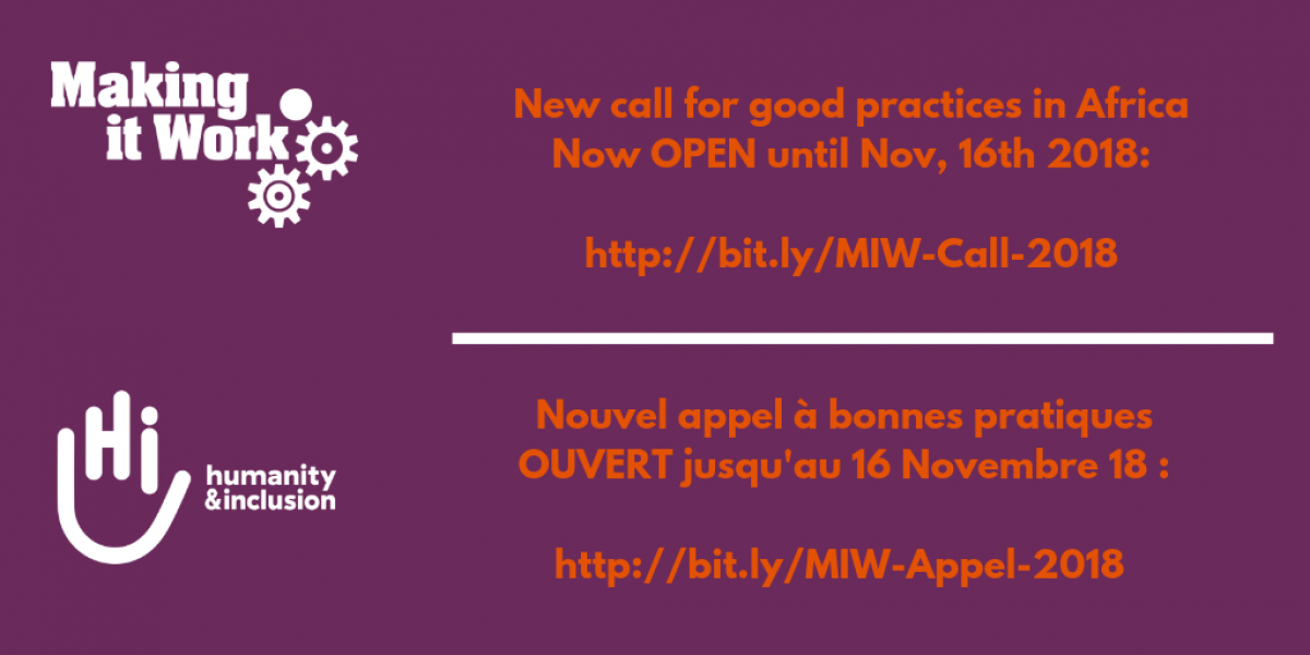 Logo HI and MIW, text reads new call for good practices Now Open, deadline 16 November 2018