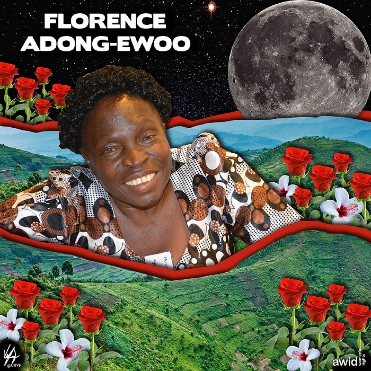 art piece honoring Florence Adong-Ewoo afor the AWID tribute, her picture featured on the forefront, with collage layers of landscape behind her and a full moon