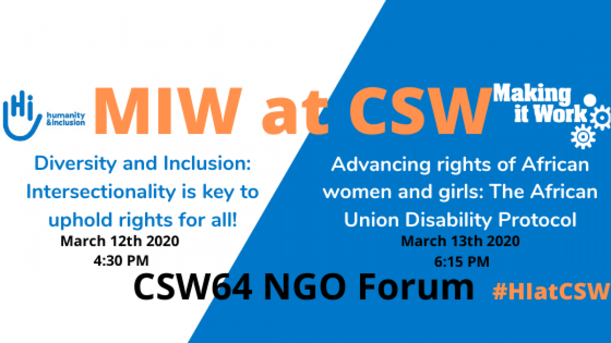 Banner summarizing the 2 events at CSW led by HI, on related to intersectionality on 12th of March and one related to the AU Protocol on persons with disabilities on 13th of March