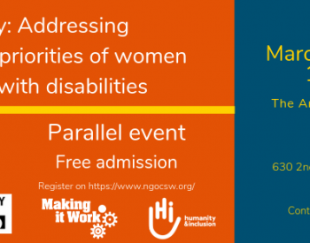 Poster for the CSW63 parallel event of IDA, DRF, Making It Work and HI. The title of the event is Diversity: addressing intersectional priorities of women and girls with disabilities. The date is March 15th 2019, 10:30 am at the Armenian Convention Center, Vartan hall, on 630 second avenue, New York city. The contact person is s.pecourt@hi.org. The text is on an orange and blue banner with yellow highlights.