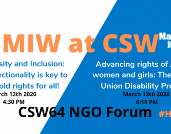 Banner summarizing the 2 events at CSW led by HI, on related to intersectionality on 12th of March and one related to the AU Protocol on persons with disabilities on 13th of March