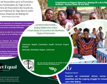 Image collages showing the covers of reports from Beijing, Benin, Togo, Kenya, and Cameroon